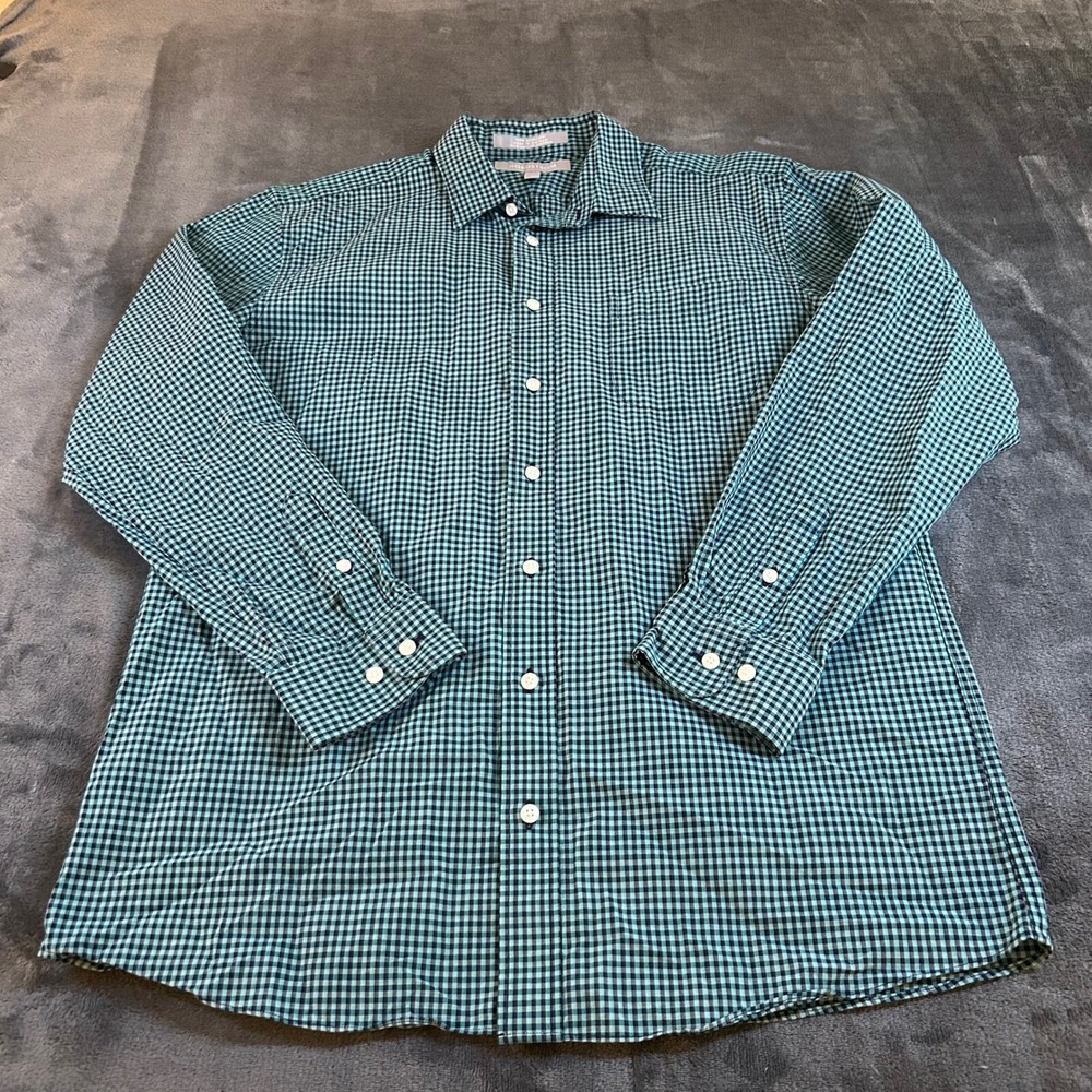 Nordstrom Gingham Button Down Shirt Womens Size 20 Green Cotton Long Sleeve